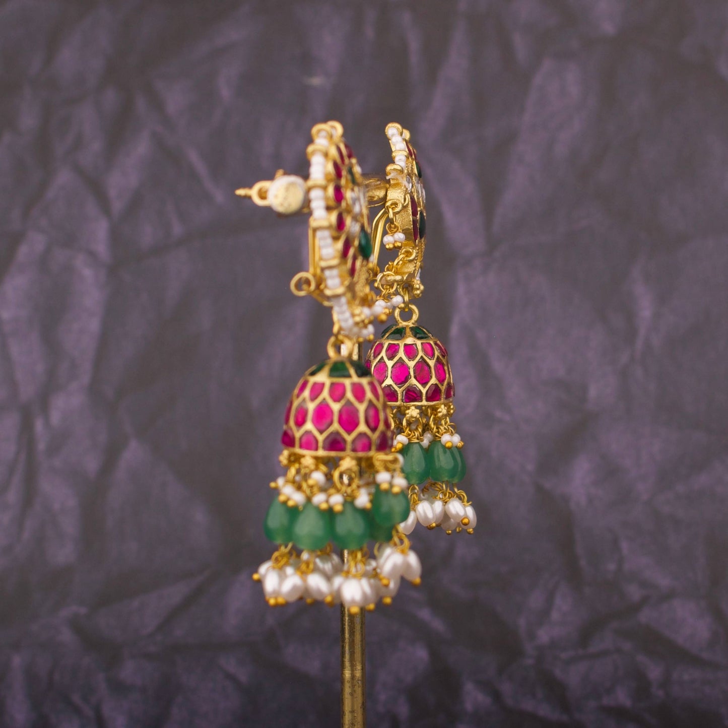 Peacock Motif Jhumka Earrings With Emerald Beads And Pearls