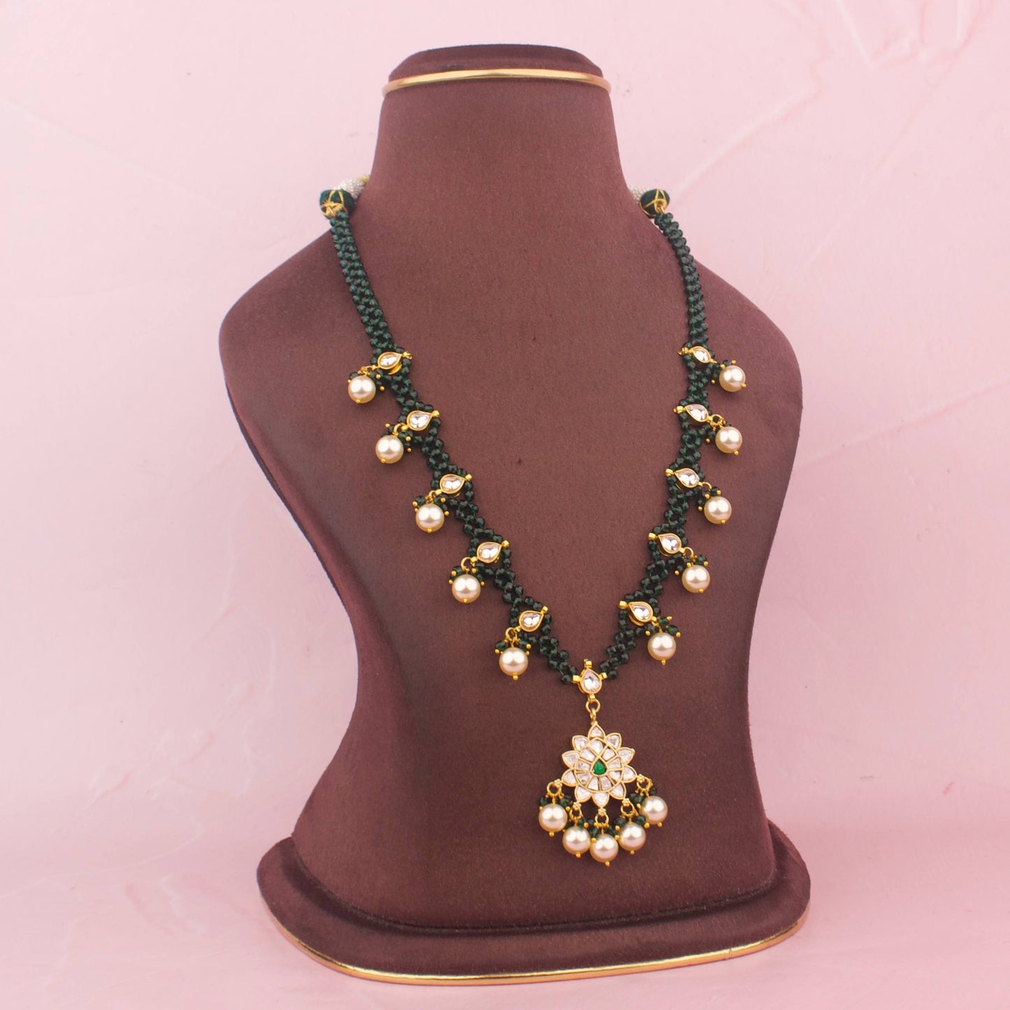 Simple Green Beaded Jadau Kundan Pearl Necklace With Floral Pendant