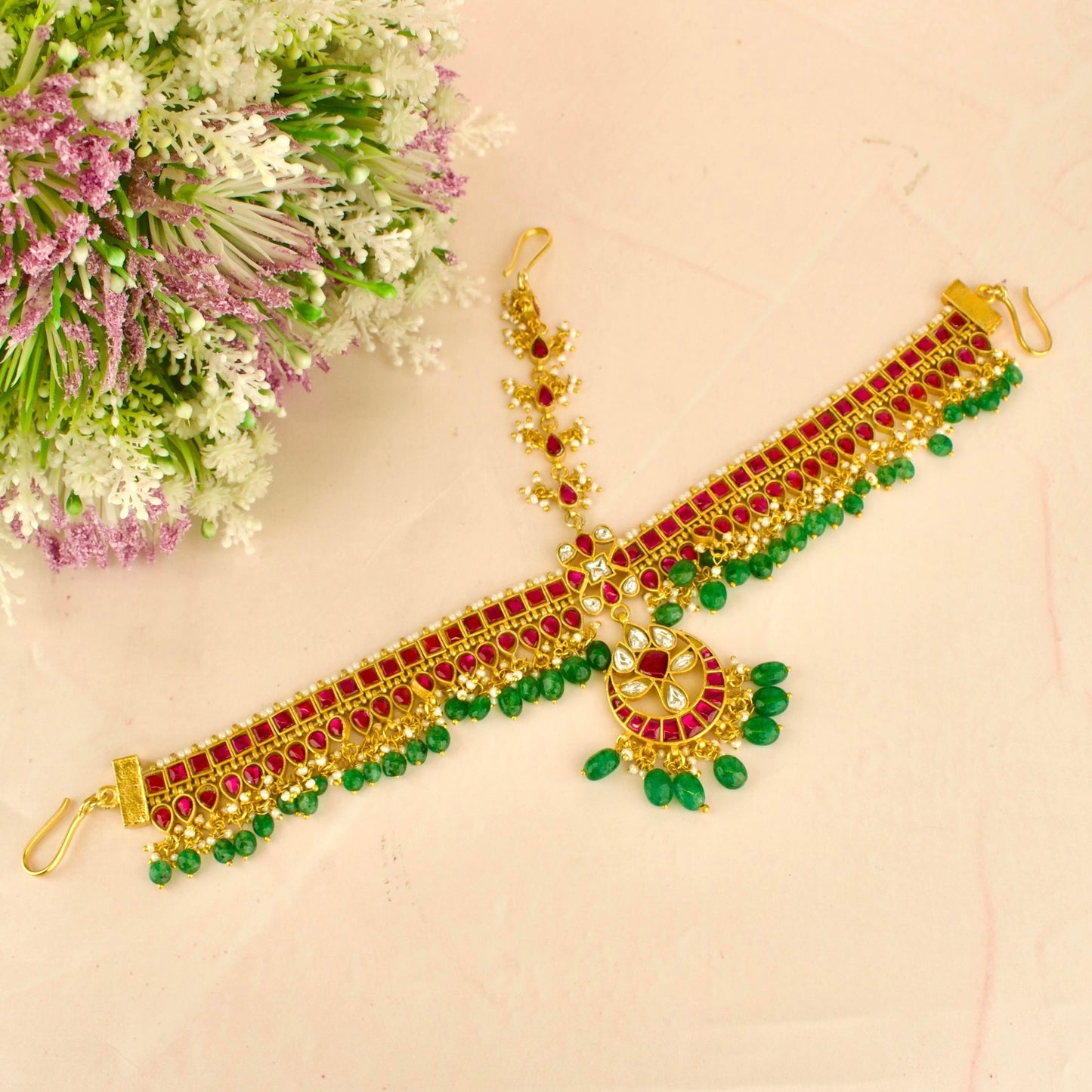 Bridal Chandbali Design Jadau Kundan Mate pati with Green Beads