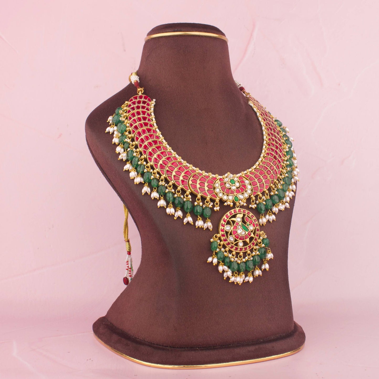 Bridal Jadau Kundan Chand Short Necklace Design With Rice Pearl Drops