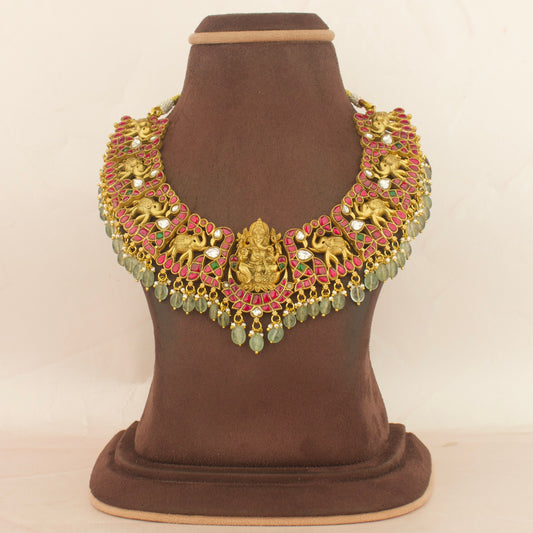 Elite Gold Ganesha Elephant Design Jadau Kundan Short Necklace with Green Beads Hanging