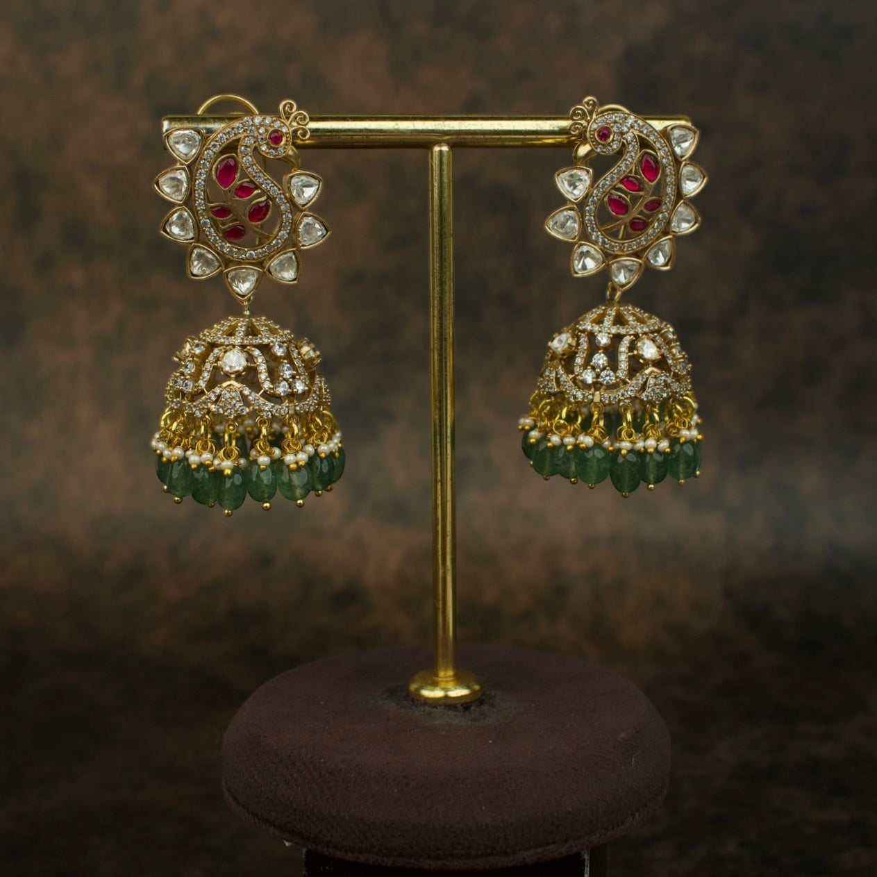 Royal Victorian Polki Paisley Jhumkas with Emerald Drops
