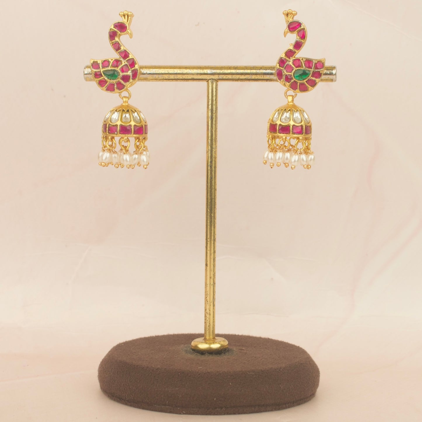 Unique Peacock Studded Jadau Kundan Jhuki With Guttapusalu Hangings