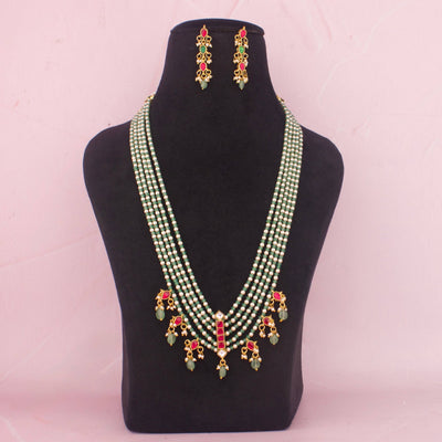 Classic Multi Strand Green Beads Necklace Set With Earrings