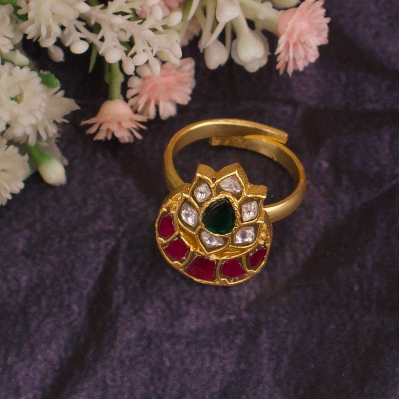 Floral Chand Design Jadau Kundan Finger Ring
