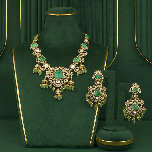 Latest Victorian Short Necklace Set With Peacock Design Earrings