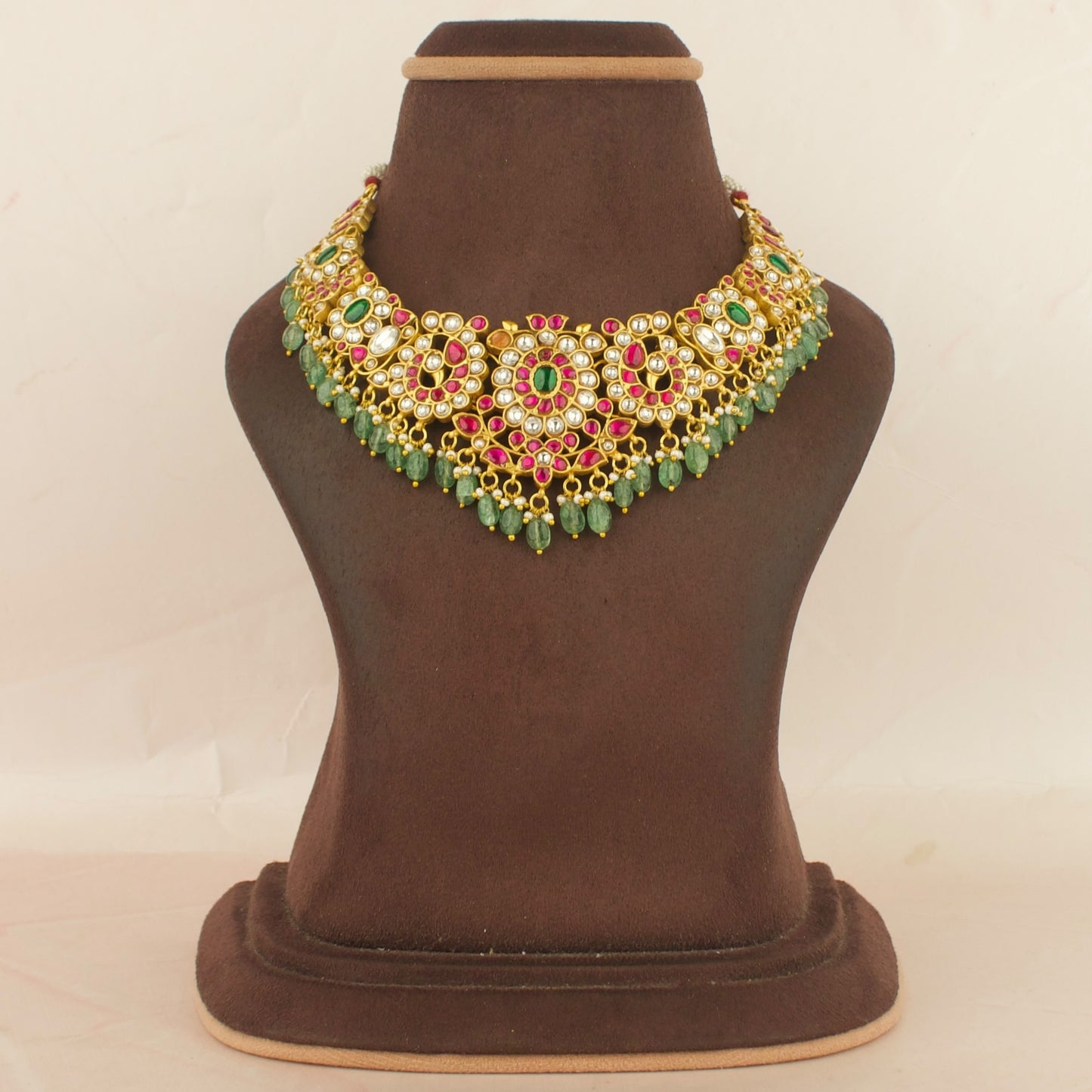 Grand floral Peacock Design Jadau Kundan Short Necklace with Green Beads