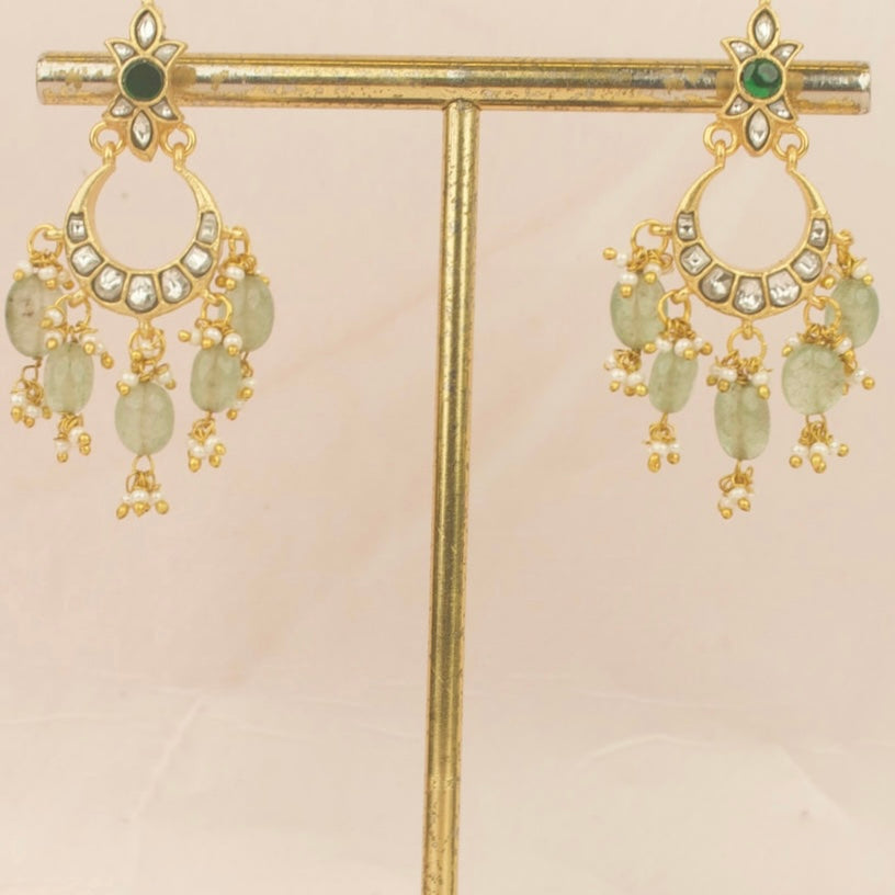 Classic Jadau Kundan white Chand Bali With Green Beads Hanging - DULHAN JEWELS