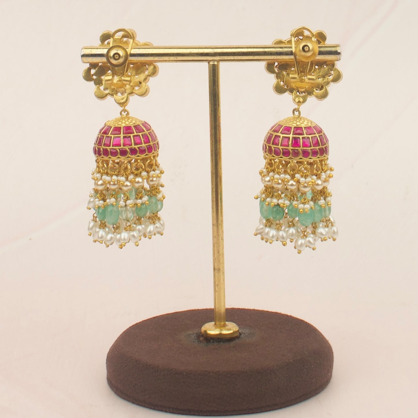 Bridal Floral Jadau Kundan Jhumka with Pearls and Emeralds