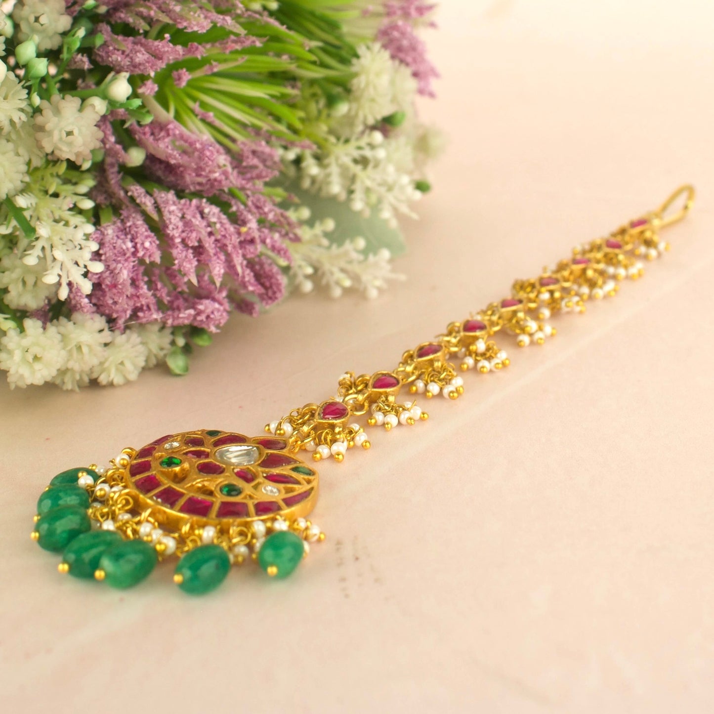 Lotus Chandbali Design Jadau Kundan Long Maangtika
