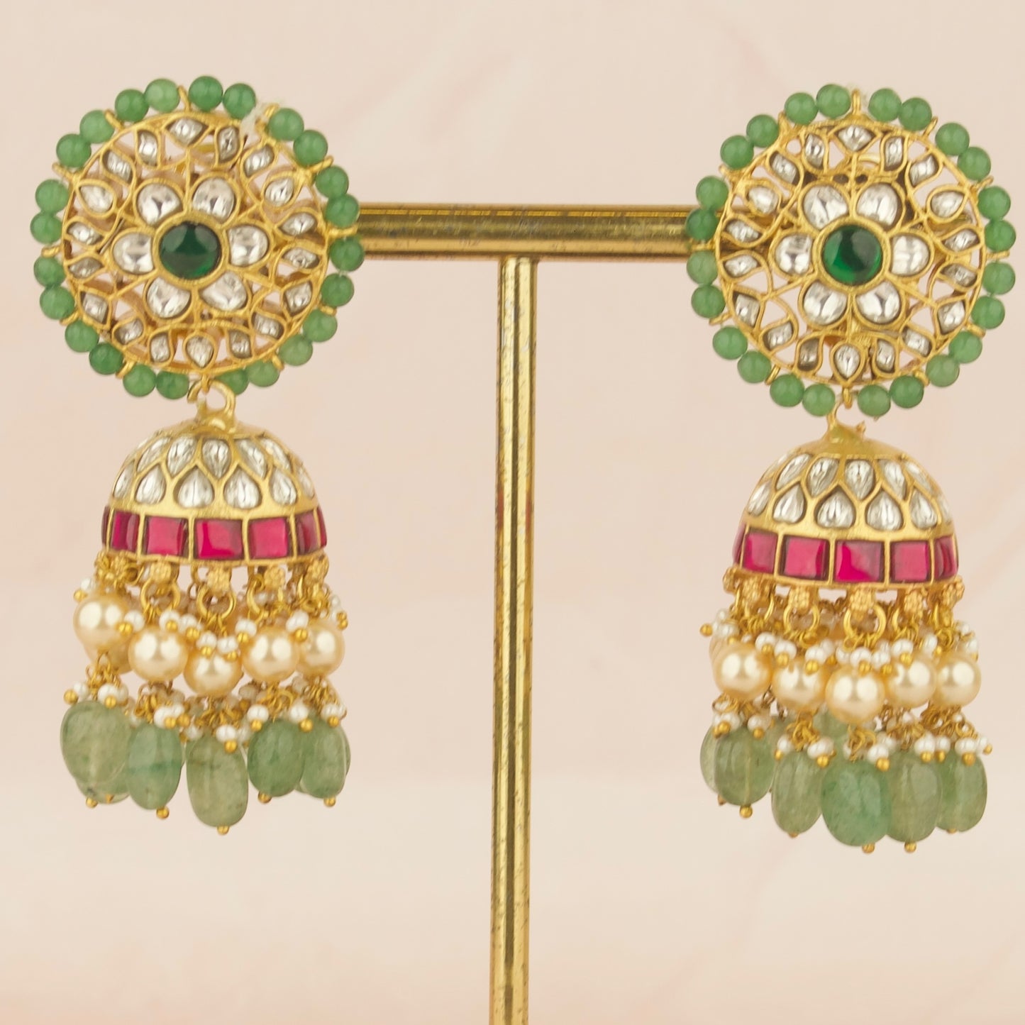 Bridal Floral Design Studded Jadau Kundan Jhumki with Green Beads