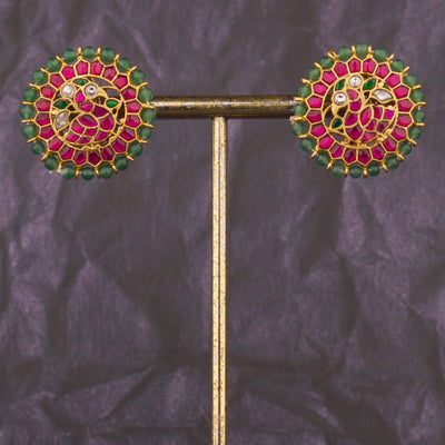 Ethnic jadau kundan stud Earrings With Emerald Beads Bordering - Handcrafted Indian Bridal Jewelry by Dulhan Jewels