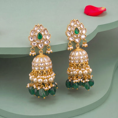 Floral Studded Jadau Kundan Jhumki With Pearl And Bead Hangings
