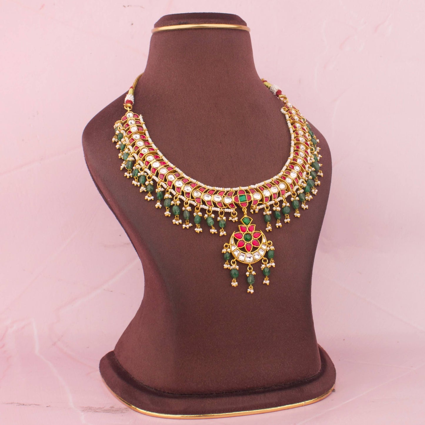 Ethnic Jadau Kundan Necklace With Emerald Beads