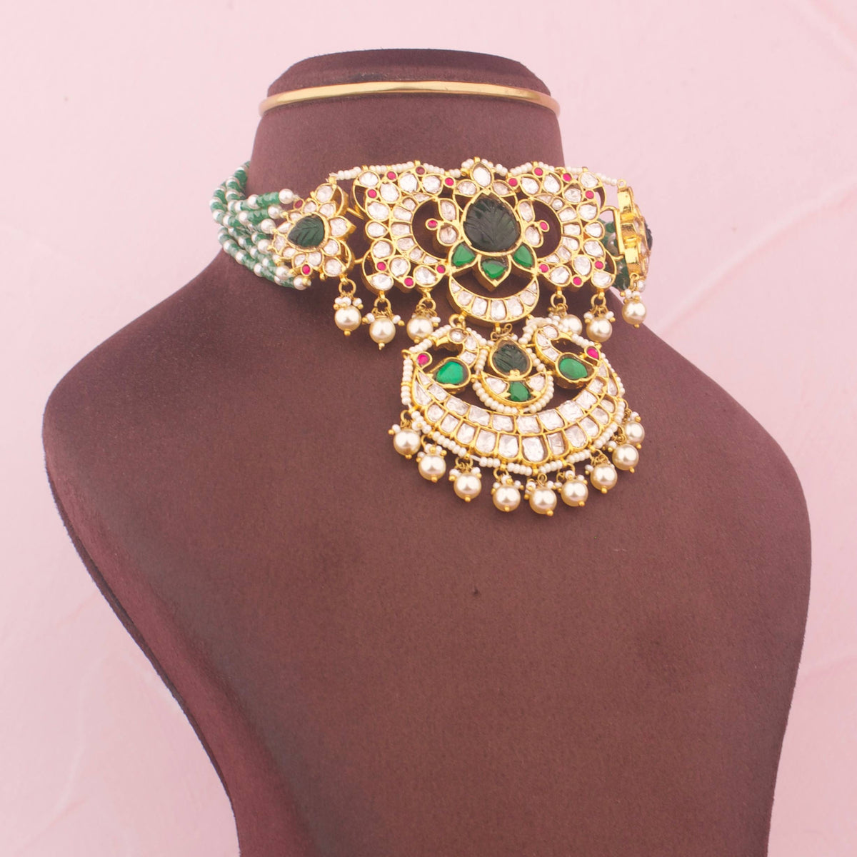 Bridal Moissanite Polki Choker With Pearl Drops