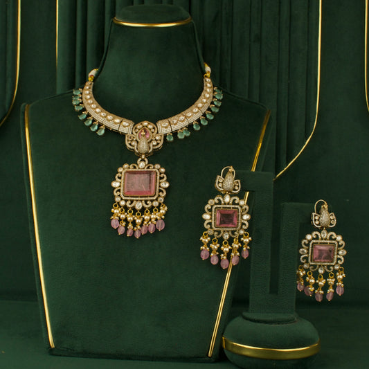 Bridal Captivating Design Fusion Kundan & Polki Victorian Necklace with Matching Earrings