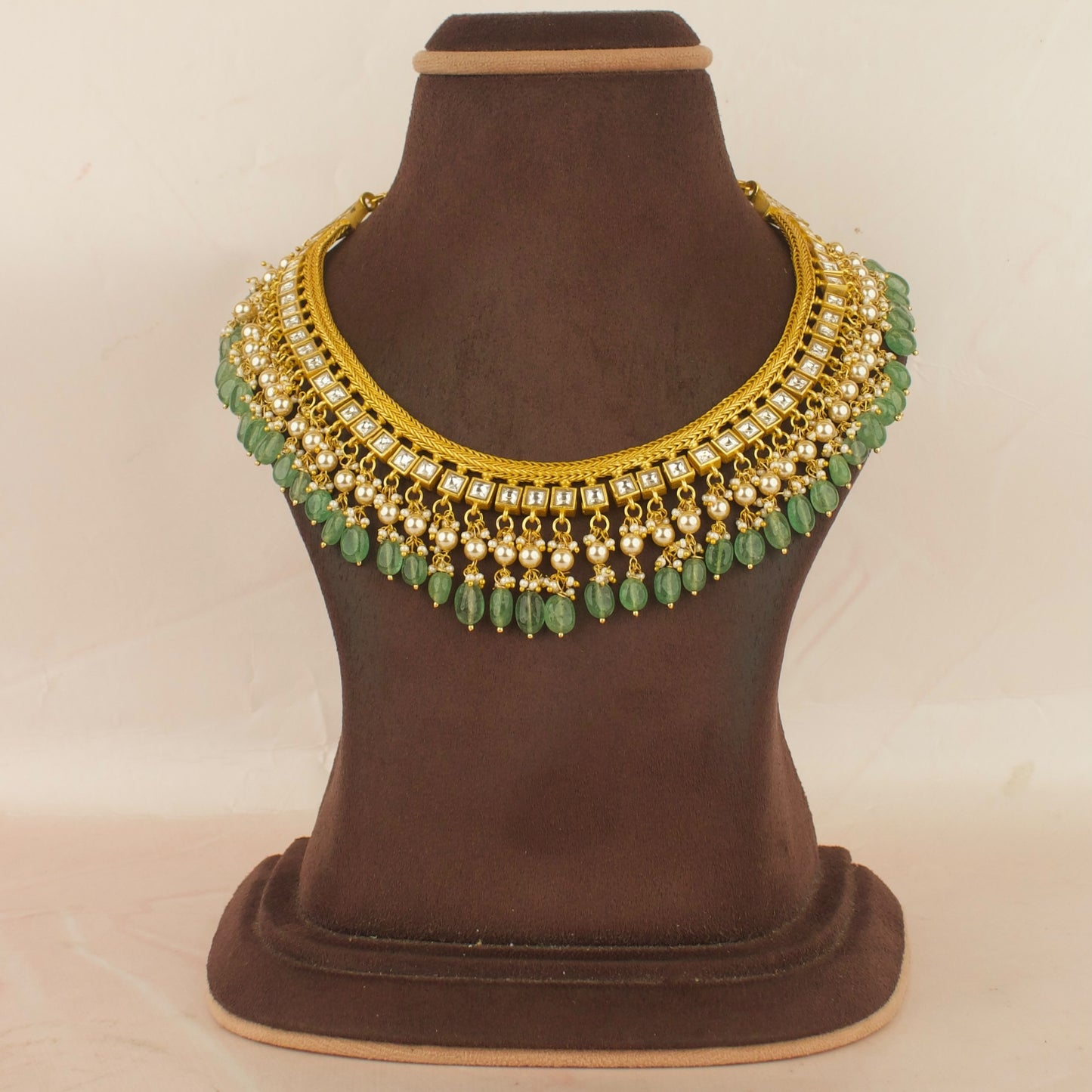 Reversible Opulent Design Jadau Kundan Necklace with Green Beads Hanging