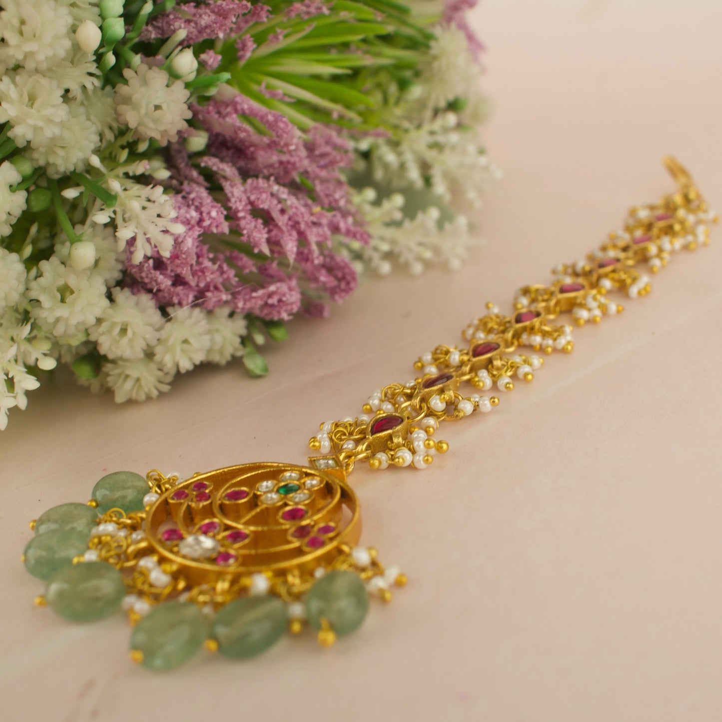 Gold Style Floral Design Jadau Kundan Long Maang Tikka