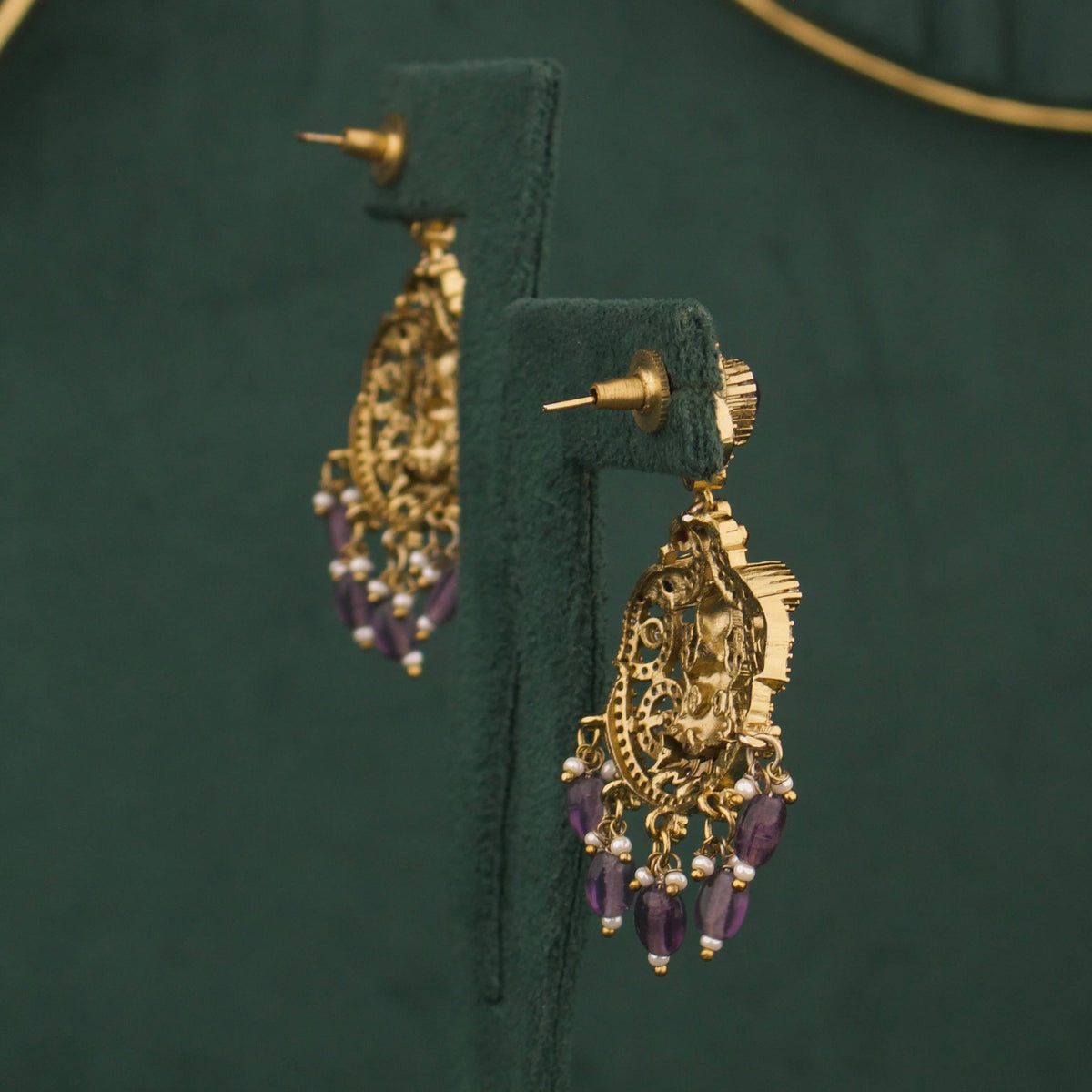 Temple Victorian Necklace set with Peacock Motifs Styling Angle View 7 - Dulhan Jewels