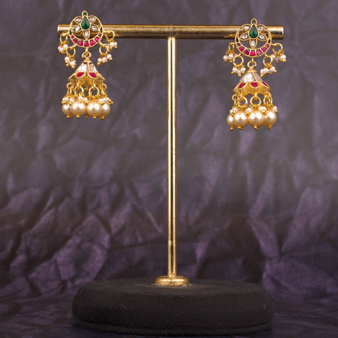 Small - Sized Jadau Kundan Jhumki Earrings With Pearls Hangings