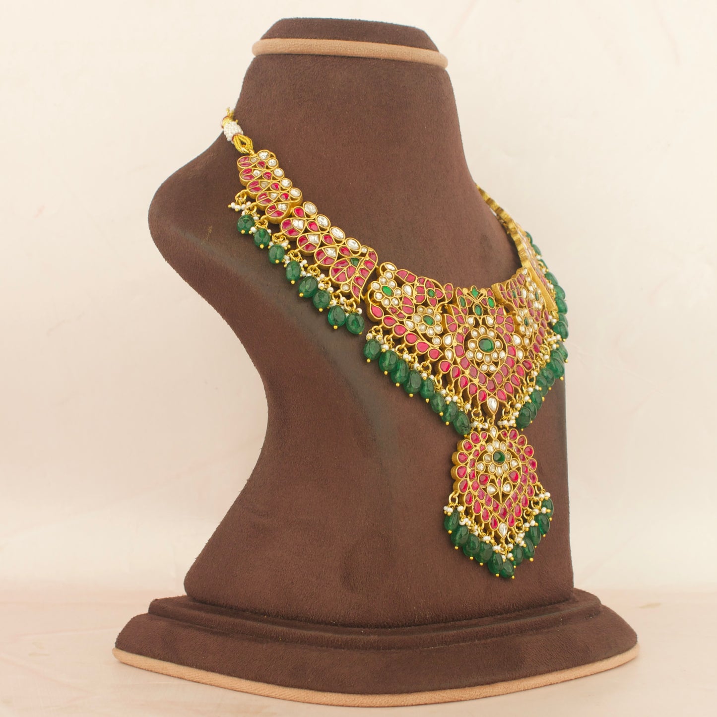 Gold Inspired Unique Jadau Kundan Necklace Green Beads As Hanging