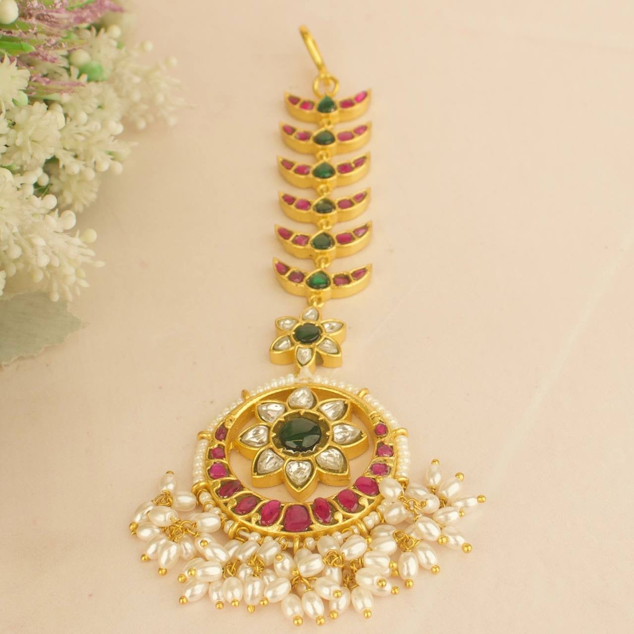 Bridal Jadau Kundan Chand Design Guttapusalu Maangtika