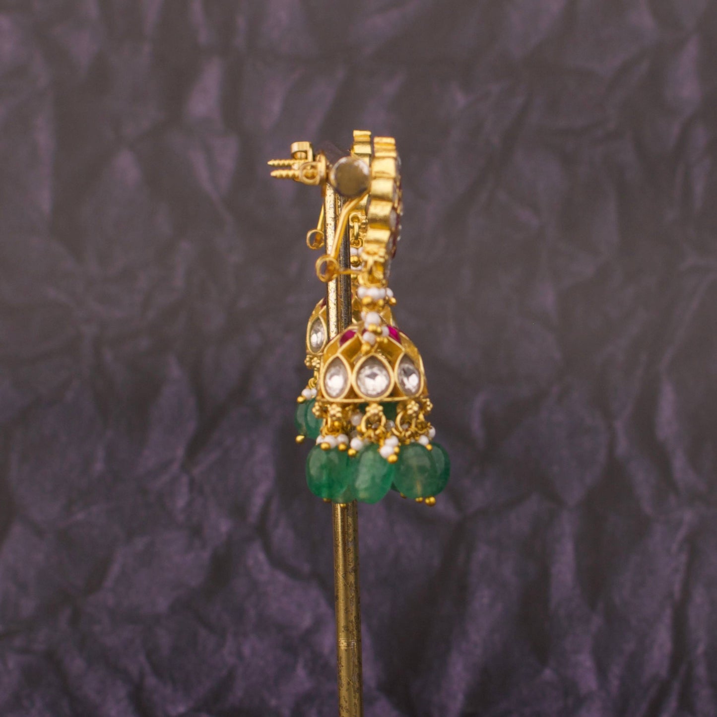 Spiral Jadau Kundan Jhumka Earrings With Pearl And Beads Hangings