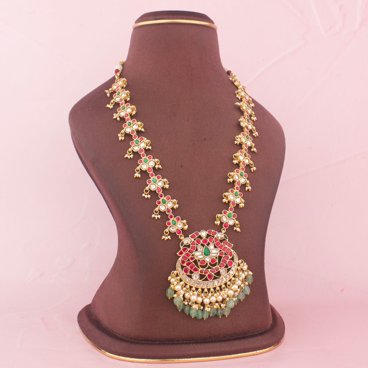 Unique Jadau Kundan Long Necklace With Emerald Beads