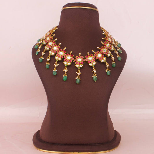 Floral Design Jadau Kundan Necklace With Beads  Hangings