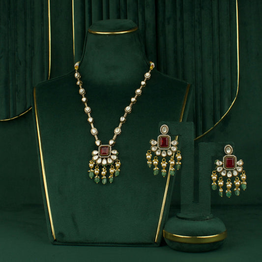 Sleek Polki Necklace With Earrings In Victorian Finish