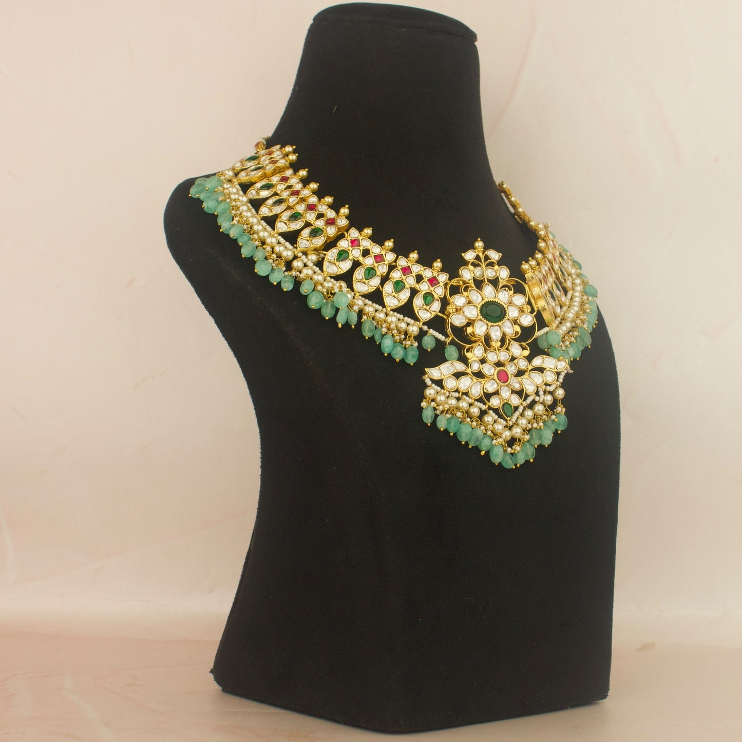 Grand floral Design Moissanite Polki Necklace with Green Beads