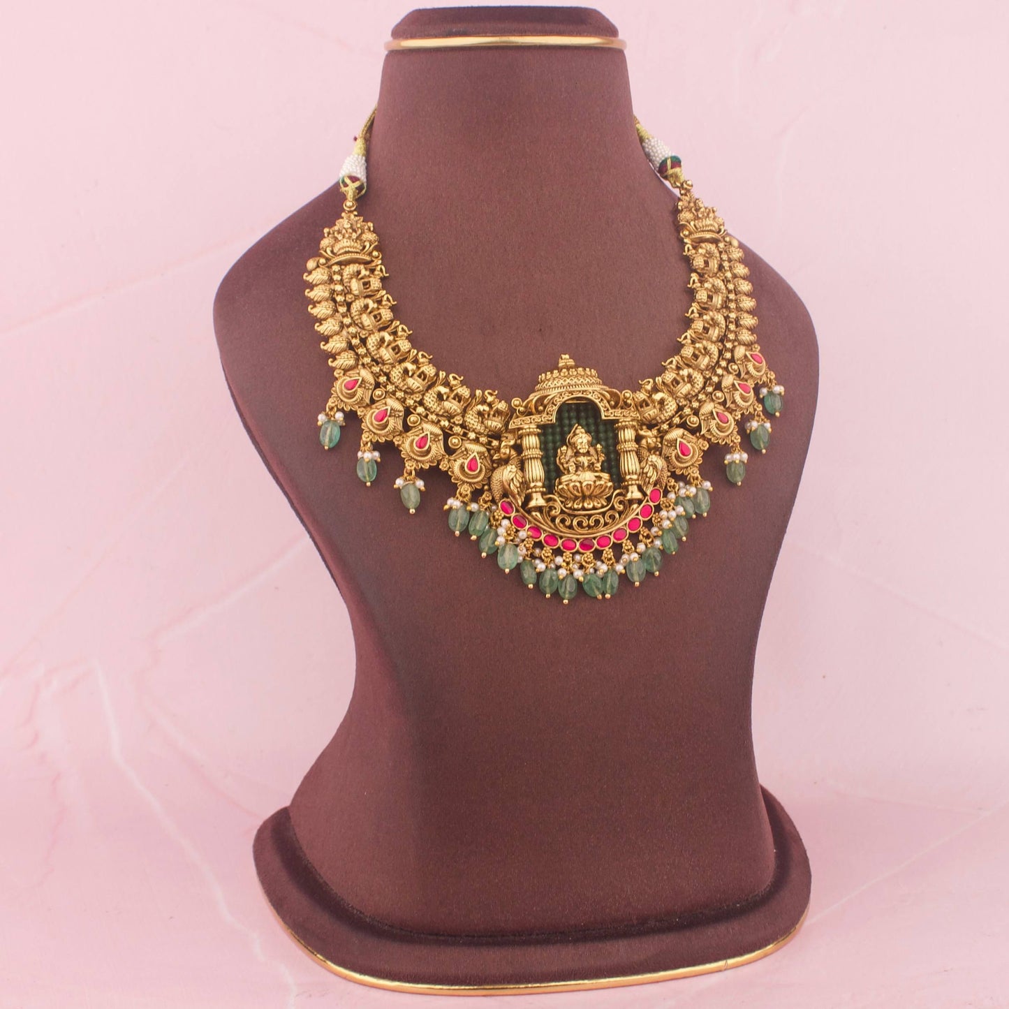 Gold Inspired Lakshmi Devi Necklace With Green Drops