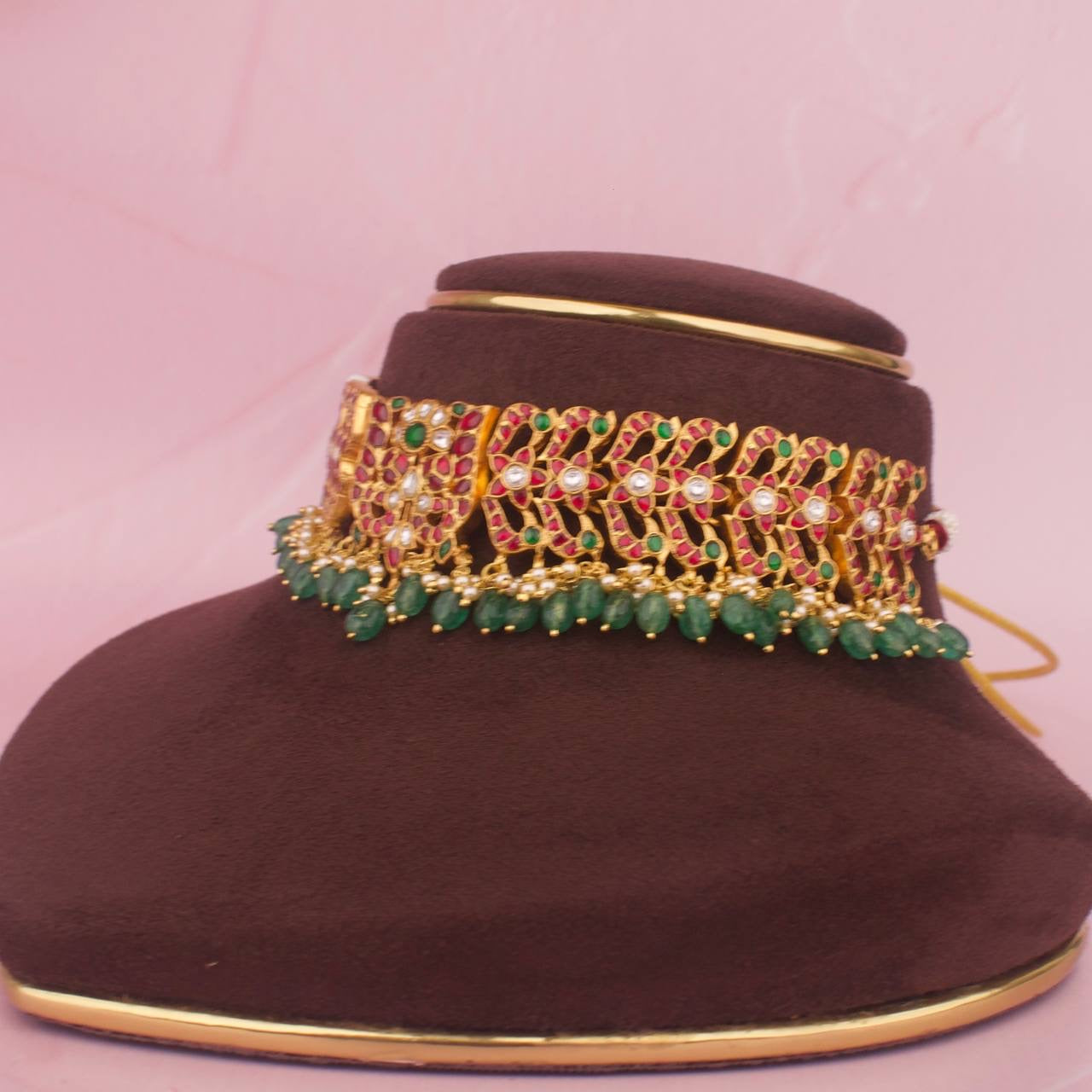 Bridal Neck Cover Jadau Kundan Choker Made In Pure 925 Silver With Strawberry Beads As Hangings