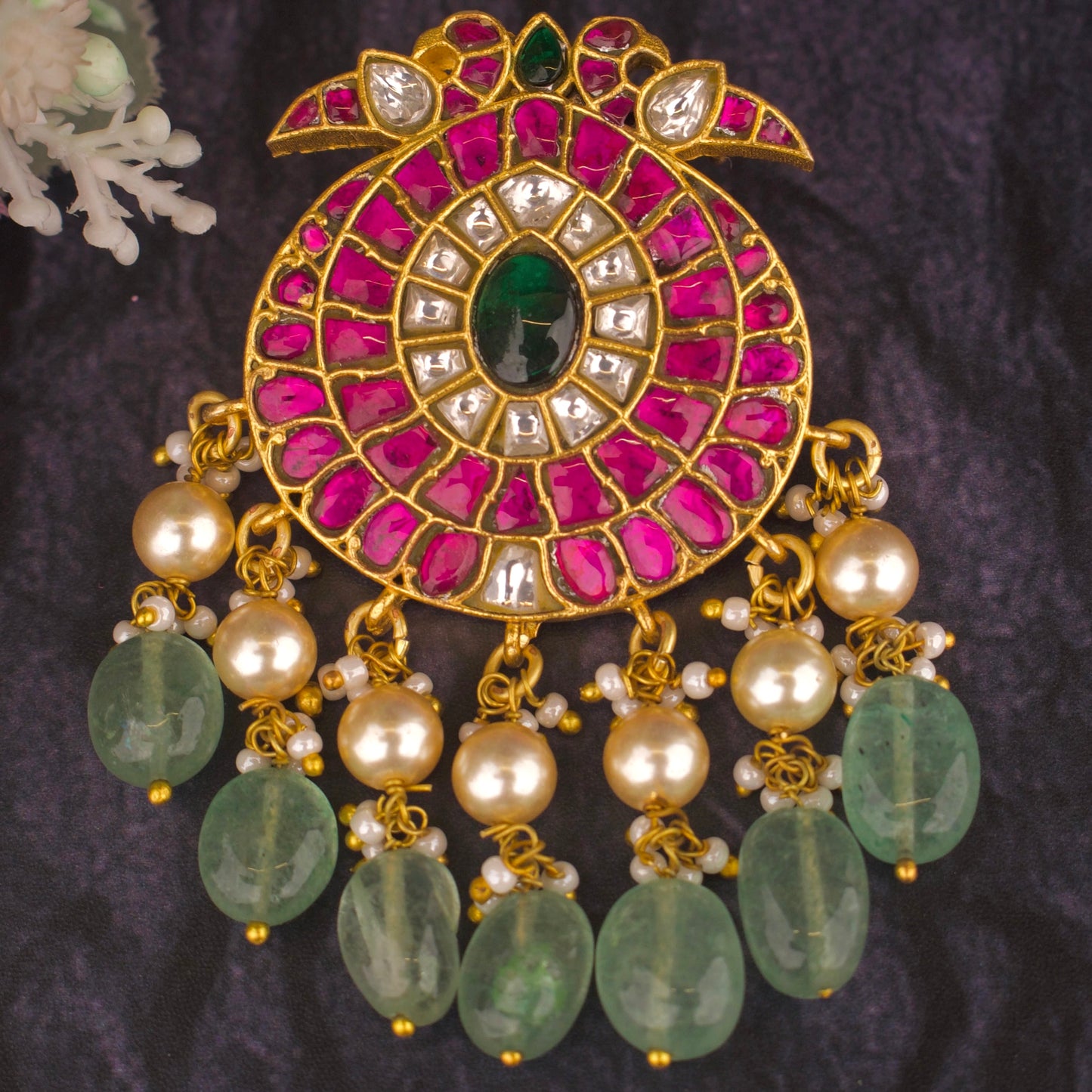 Exquisite Jadau Kundan Pendant With Swarovski Pearls Hanging - DULHAN JEWELS
