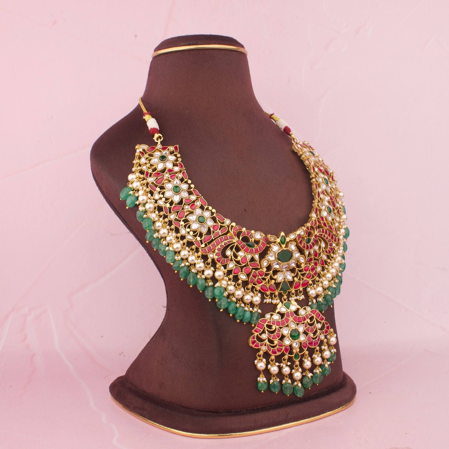 Heritage Peacock Jadau Kundan Bridal Necklace With Ruby Stones And Emerald Pendant