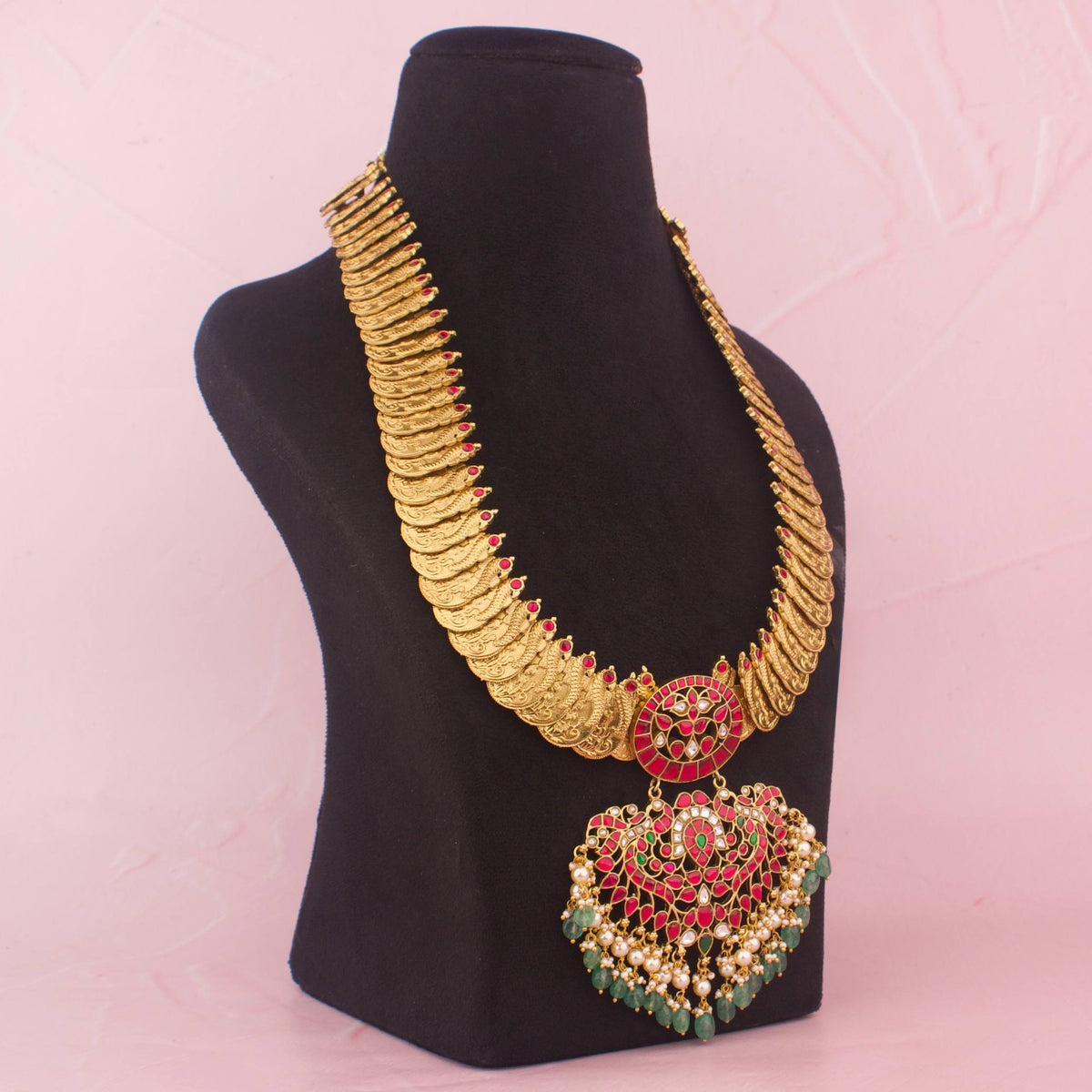 Temple Style Jadau Kundan Long Necklace With Green Drops