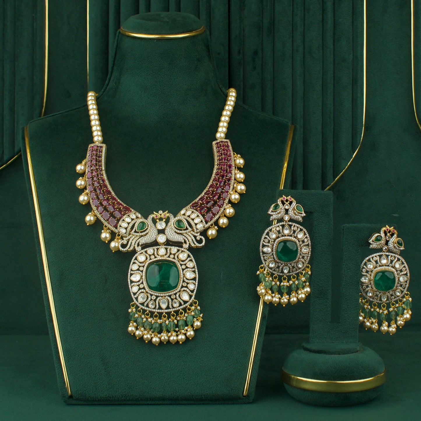Grand Fusion Kundan & Polki Victorian Mehandi Necklace With Matching Earrings