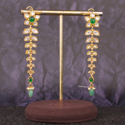 Long Jadau Kundan Earrings With Emerald Green Stone Drops