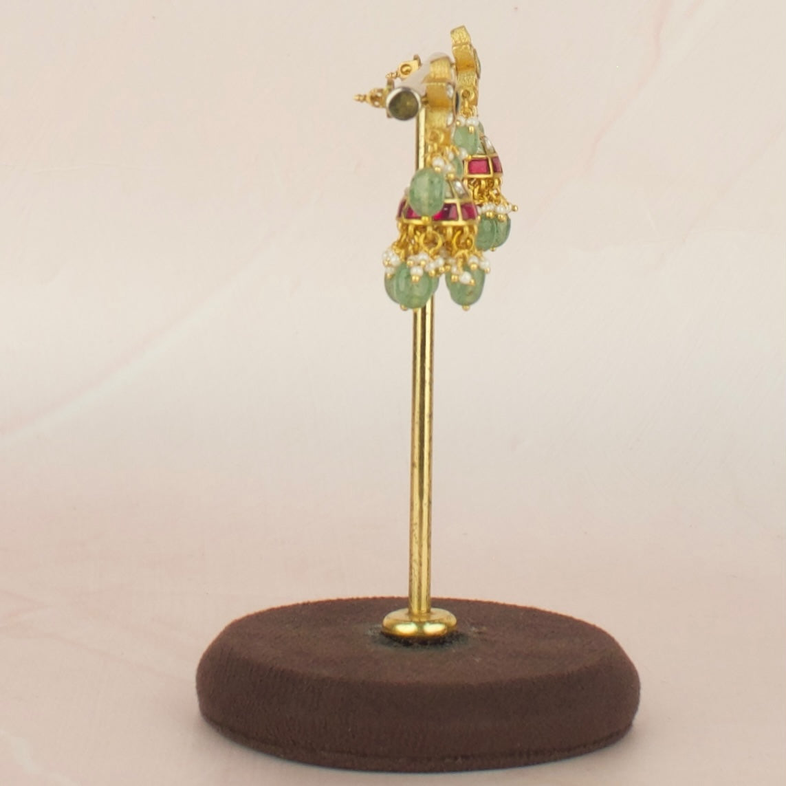 Graceful Gold Style Jadau Kundan Jhumki with Green Beads