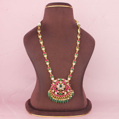 Traditional Jadau Kundan Long Necklace With Statement Floral Pendant
