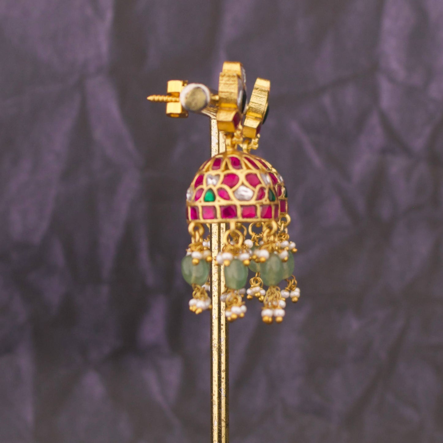 Lotus-Inspired Jadau Kundan Jhumka Earrings With Emerald Accents