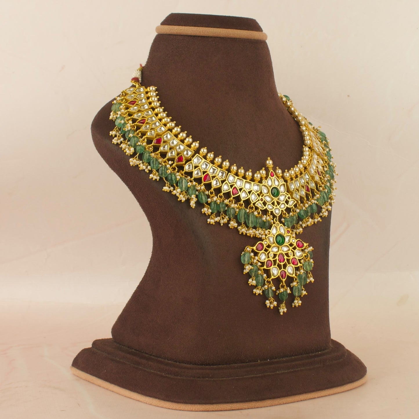 Grand Gold Style Jadau Kundan Short Necklace with Green Beads