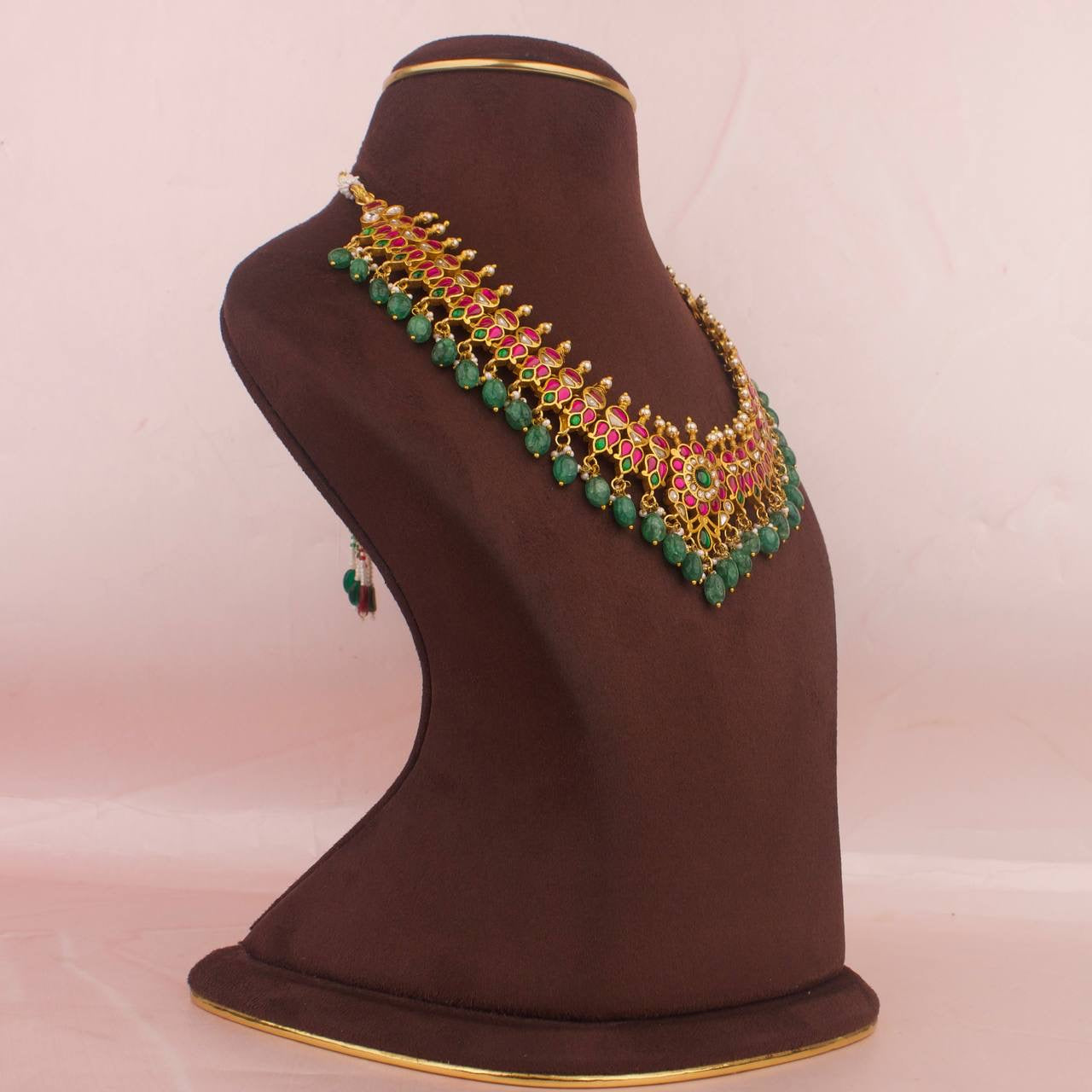 Floral Centre Jadau Kundan Necklace With Strawberry Beads As Hangings
