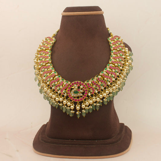 Bridal Jadau Kundan Necklace With Pearl & Bead Hanging