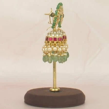 Bridal Floral Design Studded Jadau Kundan Jhumki with Green Beads