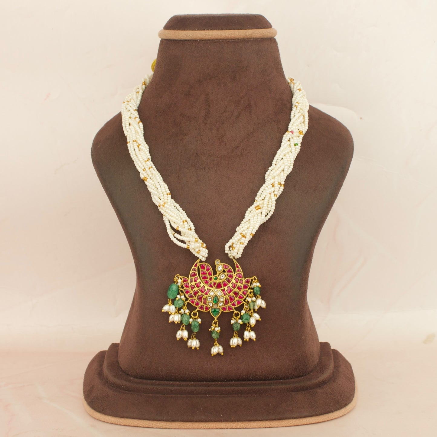 Exquisite Jadau Kundan Beads Mala With peacock Chandra Locket & Green Beads Hanging