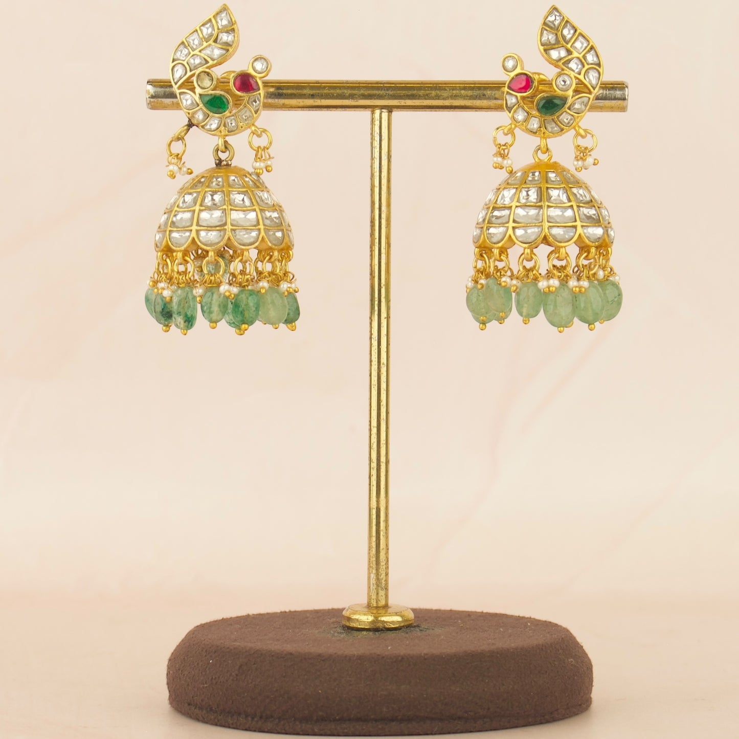 White Jadau Kundan Jhumka with Peacock Motif