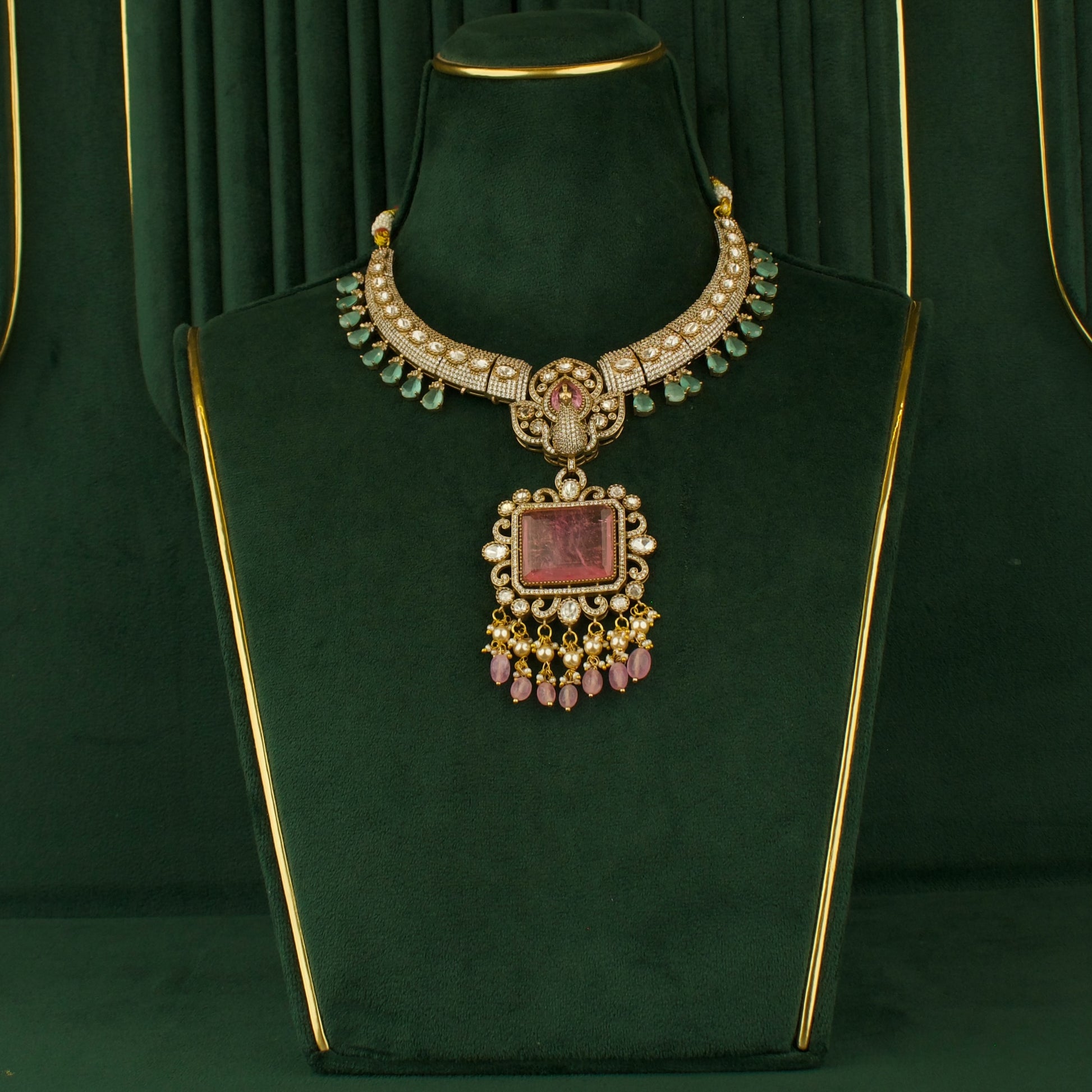 Bridal Captivating Design Fusion Kundan & Polki Victorian Necklace with Matching Earrings