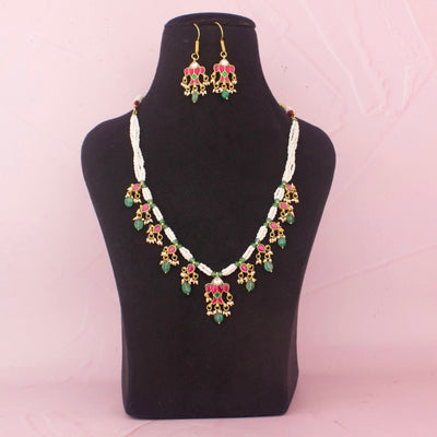 Pearl Kundan Necklace Set With Green Drops And Earrings