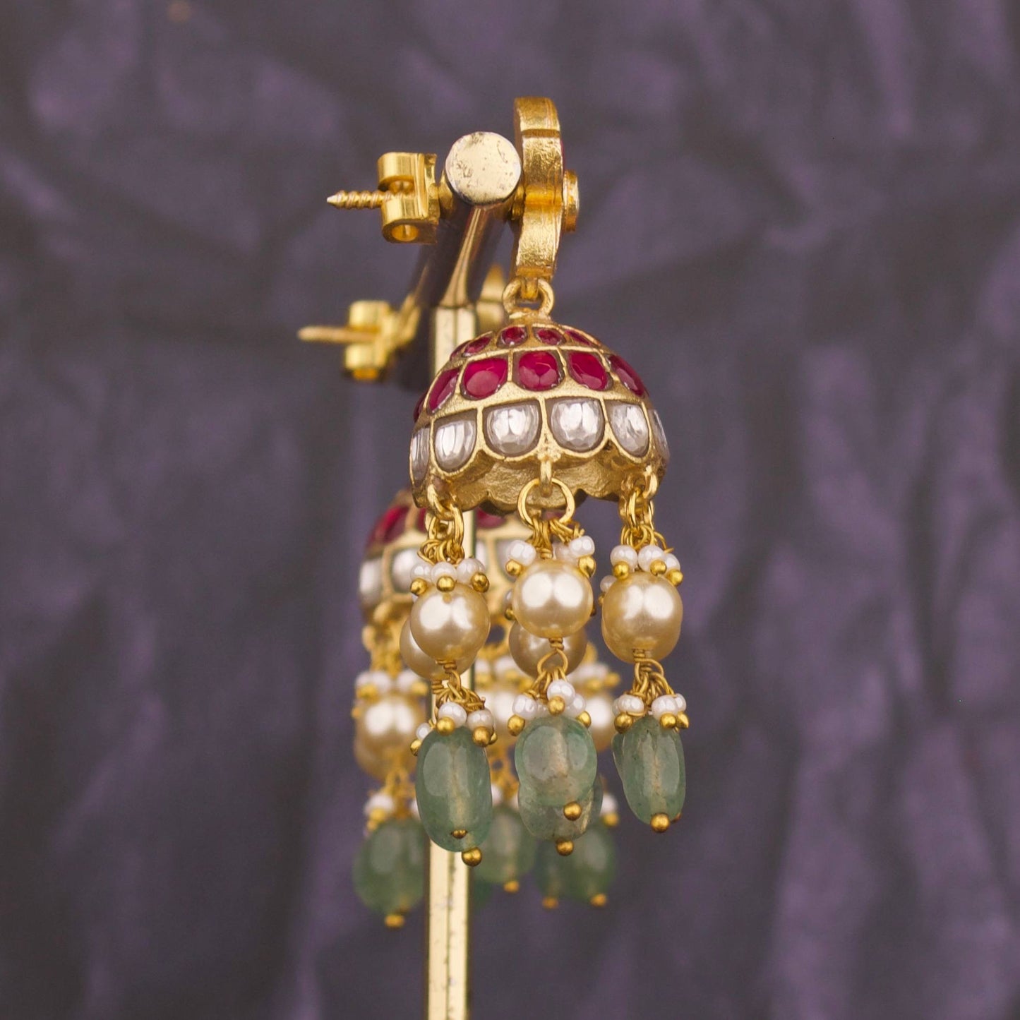 Floral Studded Jadau Kundan Jhumki With Pearl & Beads Hanging